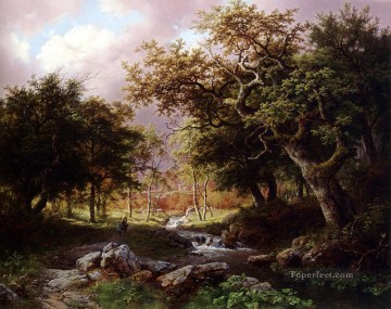  Stream Oil Painting - A Wooded Landscape With Figures Along A Stream Dutch Barend Cornelis Koekkoek woods forest
